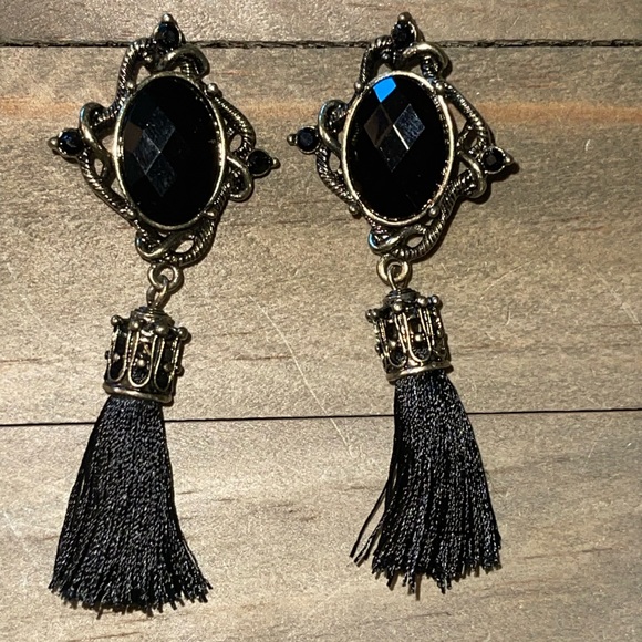 Tassel Long Fringe Drop, Black, Antique Gold Bohemian, Victorian Earrings - Picture 10 of 10